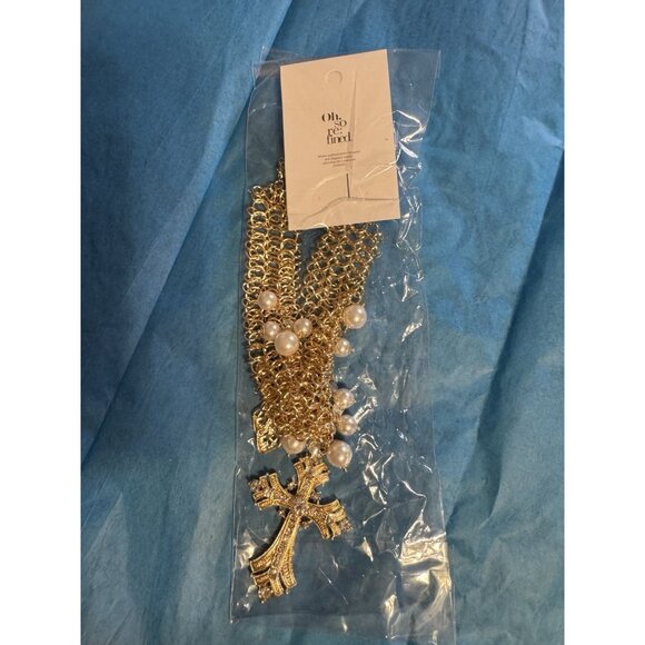 Women's Statement Necklace Cross Rhinestones Faux Pearls Goldtone NEW - Picture 8 of 8